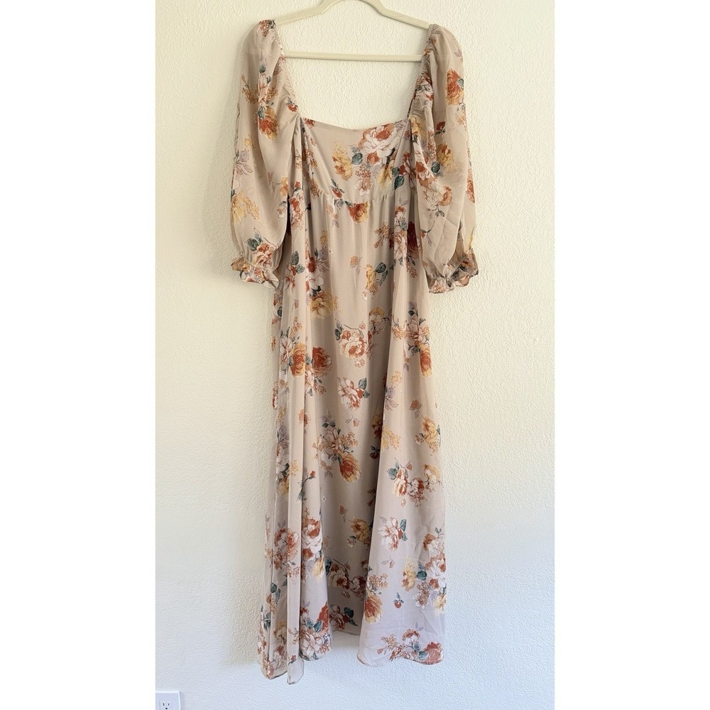 Storia Floral Babydoll Maxi Dress Medium Beige Cottagecore Puff Sleeve Sheer